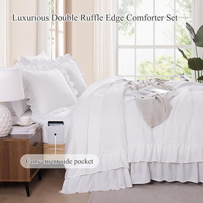 Queen Comforter Set White, Ruffle Shabby Chic Bedding Set Farmhouse 7 Pieces, All Season Fluffy Bed in a Bag with Sheets, Pillowcases & Shams