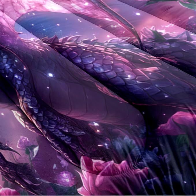Boys Kids Dragon Comforter Set Queen Size Purple Rose Bedding Set 3 Pieces Modern Science Fiction Theme Bedding Soft Lightweight Comforter for All Season,2 Pillowcases