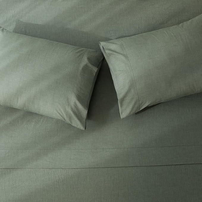 JIYUAN Twin Size Sheet Set, 3-Piece - 100% Washed Cotton, Linen-Like Soft & Breathable, Includes Deep Pocket Fitted & Flat Sheet with 1 Pillowcases, Hotel Quality, Heathered Green