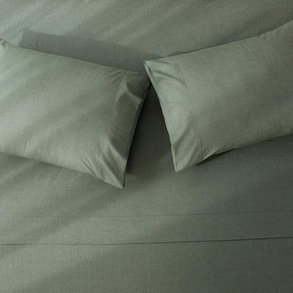 JIYUAN Twin Size Sheet Set, 3-Piece - 100% Washed Cotton, Linen-Like Soft & Breathable, Includes Deep Pocket Fitted & Flat Sheet with 1 Pillowcases, Hotel Quality, Heathered Green