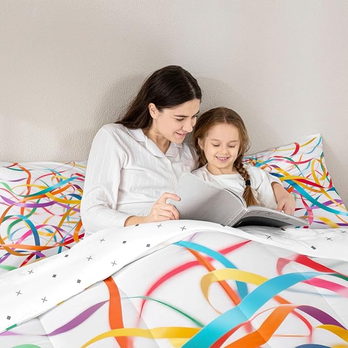 Erosebridal Bedding Set Toddler Size Rainbow Stripe Comforter Set for Kids Girls Boys Aesthetic White Teal Blue Comforter Warm Soft Quilt Insert