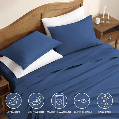 ClevaHome Sheet Set King Size, 4-Piece Bedding, Lightweight & Super Soft Easy Care Microfiber– Shrinkage & Fade Resistant Bedding Set with 14'' Deep Pockets (Navy Blue)