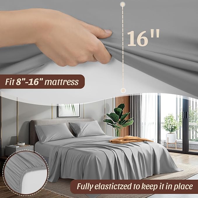 100% Egyptian Cotton Sheets 1200 Thread Count King Size Bedding Sets 4 Pcs, Fitted Sheet Up to 16" Deep Breathable All Seasons (King, Grey)