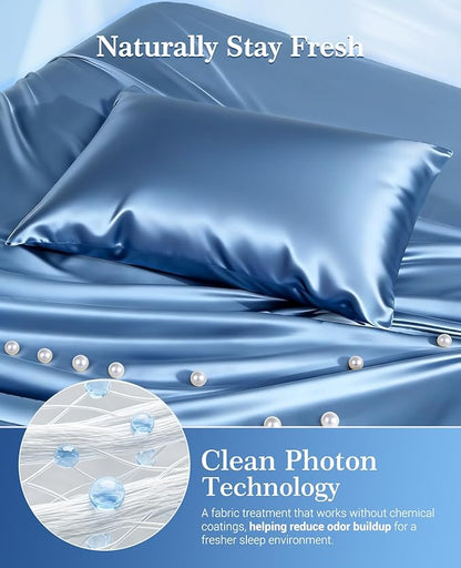 Elegear Cooling Pillow Cases for Hot Sleepers, Upgraded Arc-Chill Cooling Satin Pillowcase Q-max>0.5, Soft Silky Satin Pillowcase for Hair & Skin, Luxury Zipper Pillowcase Cover Set of 2-King,Blue