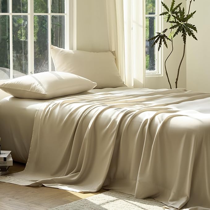 DOZ Sheet Set, 100% Viscose derived from Bamboo, Organically Grown, Buttery Soft, Cooling Sheets, High GSM, Deep Pockets - 3 Piece - 1 Pillowcase 1 Fitted 1 Top Sheet (Sand, Twin)