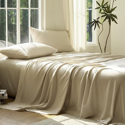 DOZ Sheet Set, 100% Viscose derived from Bamboo, Organically Grown, Buttery Soft, Cooling Sheets, High GSM, Deep Pockets - 3 Piece - 1 Pillowcase 1 Fitted 1 Top Sheet (Sand, Twin)