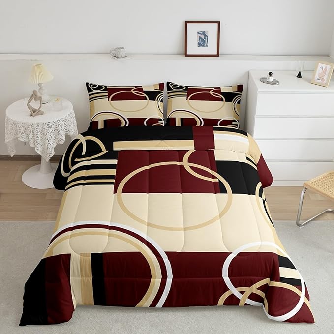 Erosebridal Modern Geometric Comforter Set Red Brown Black Stripes Down Comforter King Size Retro Circle Swirls Bedding Set Bedroom Decor Abstract Texture Color Art Comforter for Kids Adult