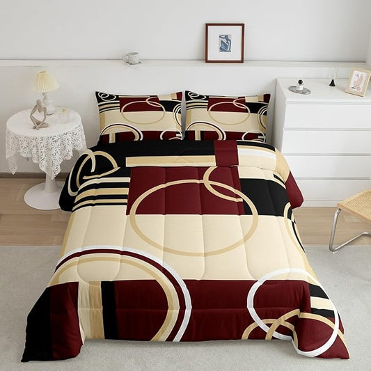 Erosebridal Modern Geometric Comforter Set Red Brown Black Stripes Down Comforter King Size Retro Circle Swirls Bedding Set Bedroom Decor Abstract Texture Color Art Comforter for Kids Adult