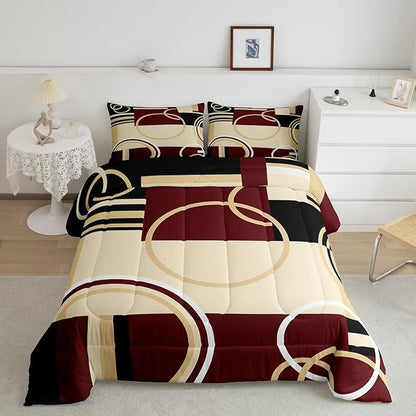Erosebridal Modern Geometric Comforter Set Red Brown Black Stripes Down Comforter Queen Size Retro Circle Swirls Bedding Set Bedroom Decor Abstract Texture Color Art Comforter for Kids Adult