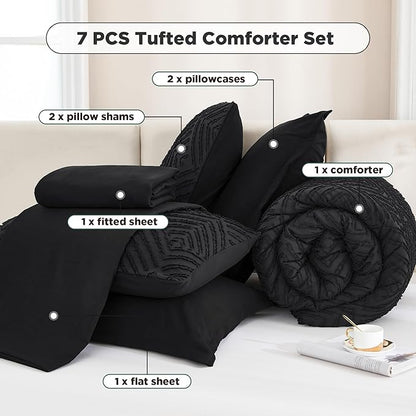 Andency Super King Plus Comforter Set with Sheets Black - 7 Pieces Bed in a Bag Oversized King Boho Lightweight Fluffy Tufted Bedding Sets with Comforter, Sheets, Pillowcases & Shams