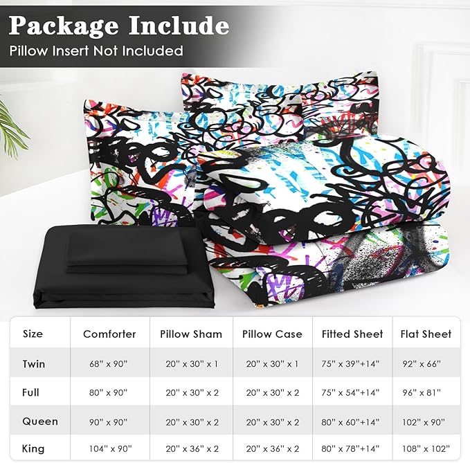 5 Pcs Twin Size Comforter Set with Pillowcase & Sham, Abstract Graffiti Bedding for Kids and Adults, Urban Modern Fashion Bed in a Bag with Flat Fitted Sheet