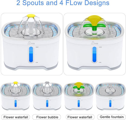 Wonder Creature Cat Water Fountain Stainless Steel Lid with 3 Filters, 84oz | 2.5L Pet Fountain with 3 Carbon Filters, 1 Mat, 2 Spouts, Quiet Pump, LED Water Level Window and 4 Flow Modes