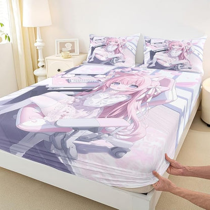 Erosebridal Kawaii E-Sports Girl Fitted Sheet Queen 3D Japanese Girl Bed Sheets for Boys Girls Girly Gaming Bed Set Anime Gifts for Her Sheets with 2 Pillowcases