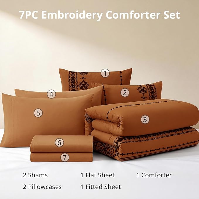 MaiRêve Full Size Comforter Set Burnt Orange, Embroidery Floral Western Boho Bedding Set, All Season 7 Pieces Bed in a Bag with Sheets, Pillowcases & Shams