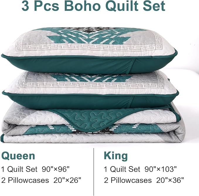 Dintszyayue Teal Boho Quilt Set Queen 3 Pieces Turquoise Aztec Texture Bedspread Coverlet Set with 2 Pillowcases Soft Lightweight Microfiber Bohemian Quilt Bedding Set for All Season 90"x96"