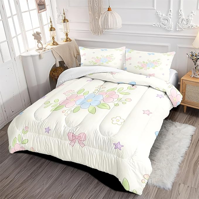 Girls Kids Cartoon Comforter Set with Pink Blue Bows, 3-Piece Bedding Set with Flowers Leaves Full Size, 100% Soft Microfiber Bed Sets with 1 Comforter 79"x 90", 2 Pillowcases