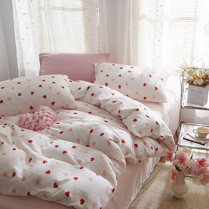 Girls Comforter Set Full Size - 3 Pieces Red Pink Heart Comforter Bedding Sets for Kids,Full Bed in a Bag with Heart Comforter and 2 Pillowcases