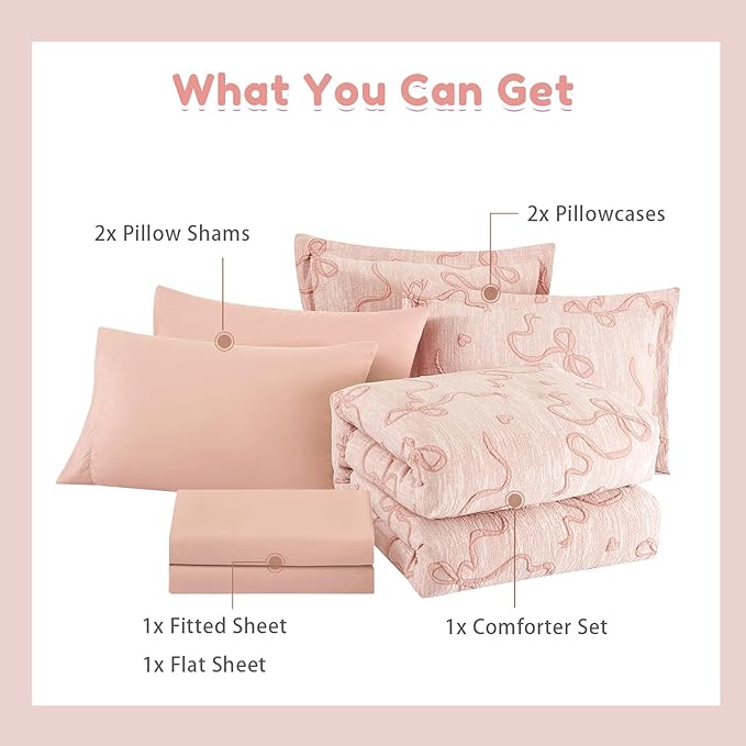 Geniospin Orange Pink Queen Comforter Set for Girls- 7 Pieces Bowknot Jacquard Bed in A Bag Queen Bedding Sets with Sheets, Pillowcases & Shams, All Season Kids Comforter Set