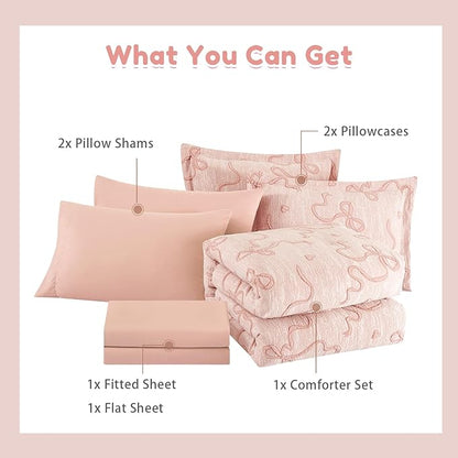 Geniospin Orange Pink Queen Comforter Set for Girls- 7 Pieces Bowknot Jacquard Bed in A Bag Queen Bedding Sets with Sheets, Pillowcases & Shams, All Season Kids Comforter Set