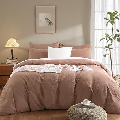 NEXHOME PRO Duvet Cover Set 100% Washed Cotton Oversized Queen 98"x98", Organic Natural Linen Look Textured 3 Pieces Bedding Set Mocha with Zipper Closure, Soft (No Comforter)