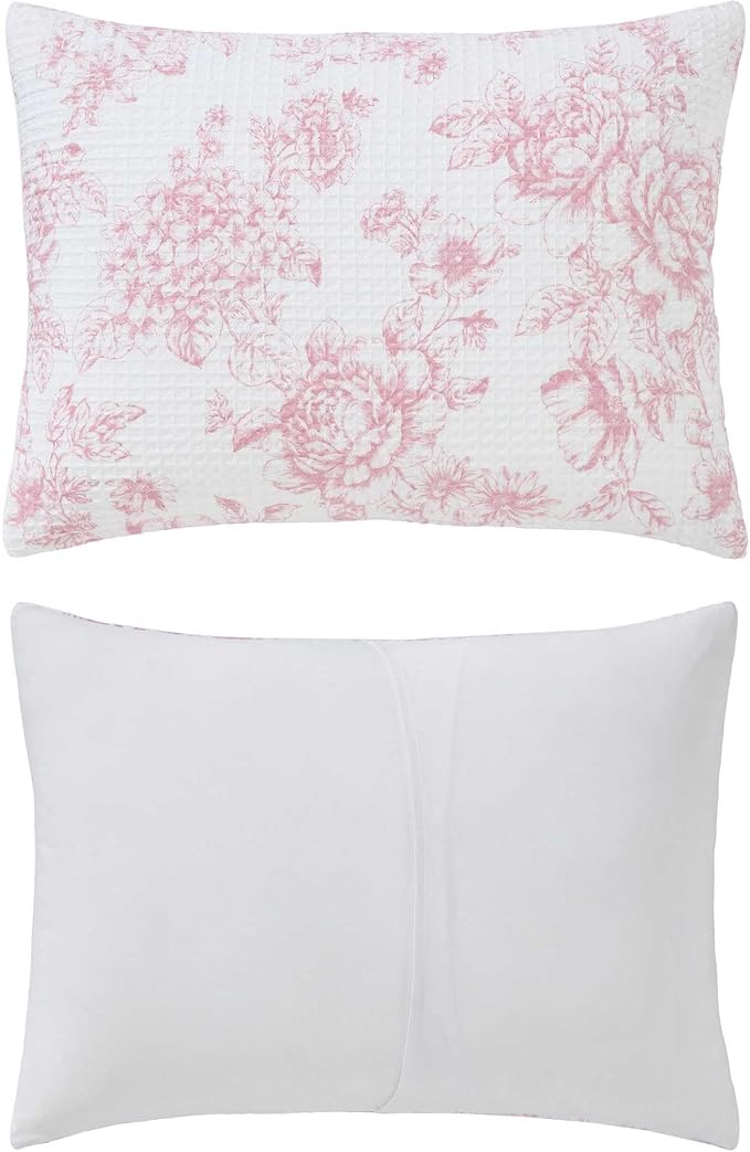 Laura Ashley - Comforter Set, Soft Poly Waffle Textured Bedding with Matching Sham, Delicate Floral Design (Delphine Pastel Pink, Twin)