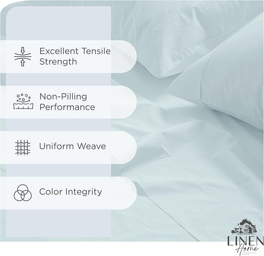 Linen Home 100% Cotton Percale Sheets Queen Size, Blue Duck Egg, Deep Pocket, 4 Pieces Set - 1 Flat, 1 Deep Pocket Fitted Sheet and 2 Pillowcases, Crisp Cool and Strong Bed Linen