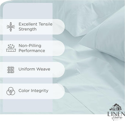 Linen Home 100% Cotton Percale Sheets California King Size, Blue Duck Egg, Deep Pocket, 4 Pieces Set - 1 Flat, 1 Deep Pocket Fitted Sheet and 2 Pillowcases, Crisp Cool and Strong Bed Linen