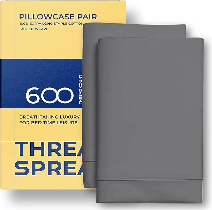 Thread Spread 100% Egyptian Cotton Pillow Cases Queen Size Set of 2 - Luxury 600 Series Bliss Collection Queen Pillow Cases (Dark Grey), Soft Cooling Hotel Cotton Pillowcases, Sateen Finish