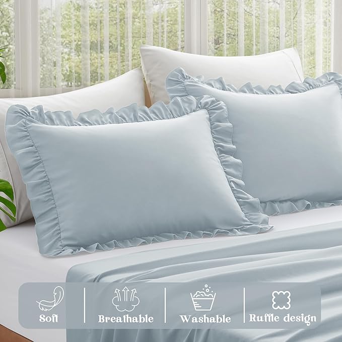 KKJIAF Ruffle Pillow Cases King Size Set of 2, Ruffled Pillow Covers with Envelope Closure, Wrinkle Resistant Ruffled Pillow Shams 20" x 36", Dusty Blue