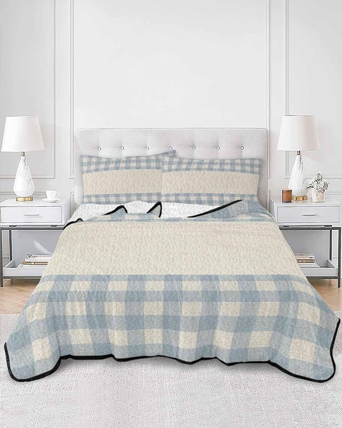 Full Size Quilt Bedding Set, Retro Blue Lightweight Summer Quilt 3 Pieces Bedding Sets, Farmhouse Buffalo Plaid Vintage Beige Reversible Soft Bedspreads Coverlets with 2 Pillow Shams for All Season