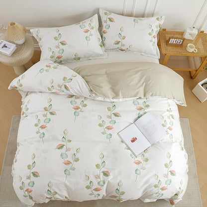 OAITE Duvet Cover Set Queen Size Floral Pattern Ultra Soft 100% Cotton Duvet Cover Sets 3-PC, Breathable Duvet Cover with Zipper Closure & Corner Ties(2 Pillow Shams,1 Duvet Cover)
