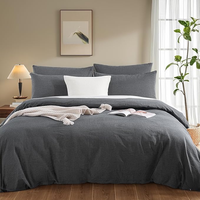NEXHOME PRO Duvet Cover Full 100% Washed Cotton, Organic Natural Linen Like Textured Breathable Durable Bedding Set Heather Black 8090