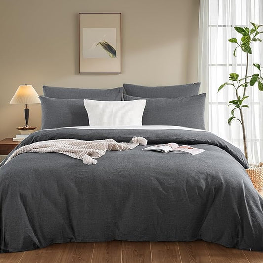 NEXHOME PRO Duvet Cover Queen 100% Washed Cotton, Organic Natural Linen Like Textured Breathable Durable Bedding Set Heather Black 9090