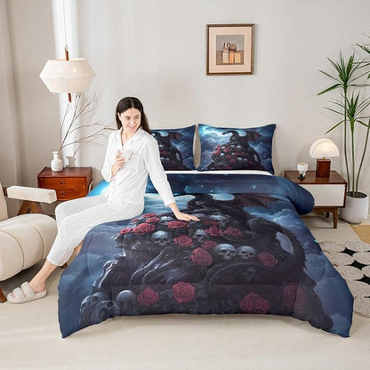 Castle Fairy Dragon Comforter Set Toddler Size,Halloween Skull Bedding Set for Kids Teens Bedroom,Romantic Red Rose Down Comforter,2 Pcs 1 Pillowcase