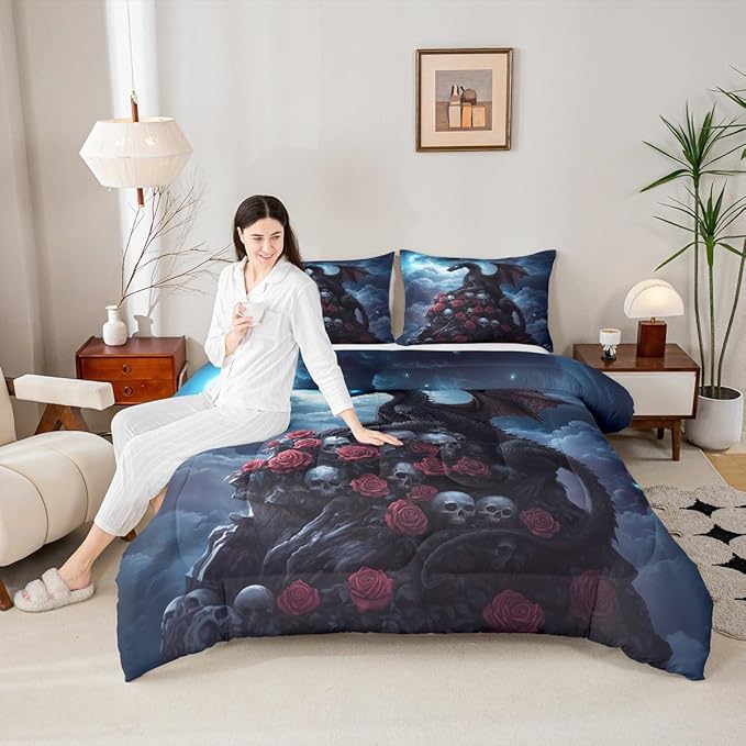 Castle Fairy Dragon 3 Pcs Comforter/Duvet Set,Halloween Skull Ultra Soft Bed Collection,Romantic Red Rose Bedding for Room Decor 3 Pcs,Microfiber Breathable,King
