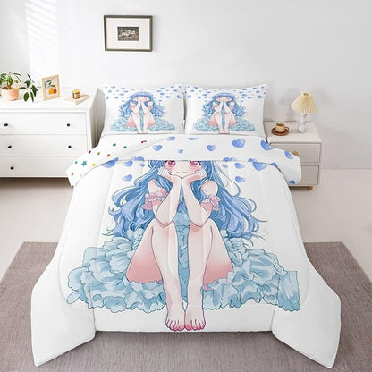 Erosebridal Blue Girly Anime Kids Down Comforter Full,Cute Cartoon Girl Comforter Set Romantic Aesthetic Bedding Set Kawaii Watercolor Love Heart Quilt Set 2 Pillow Cases