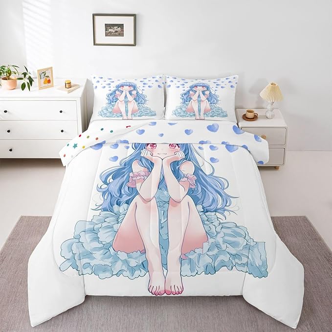 Erosebridal Blue Girly Anime Kids Down Comforter Twin,Cute Cartoon Girl Comforter Set Romantic Aesthetic Bedding Set Kawaii Watercolor Love Heart Quilt Set 1 Pillow Case