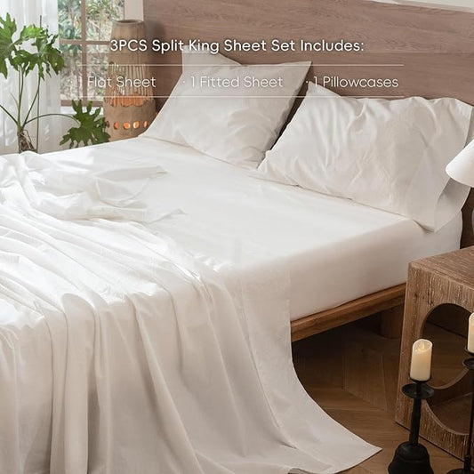 MooMee Bedding Sheet Set 100% Washed Cotton Linen Like Textured Breathable Durable Soft Comfy (Solid Off White, Twin)