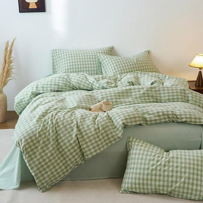 LifeTB Green Gingham Duvet Cover King Size Soft 100% Washed Cotton Grid Duvet Cover Sage Green Checkered Plaid Comforter Cover with Zipper Closure Breathable Vintage Farmhouse Grid Bedding Set