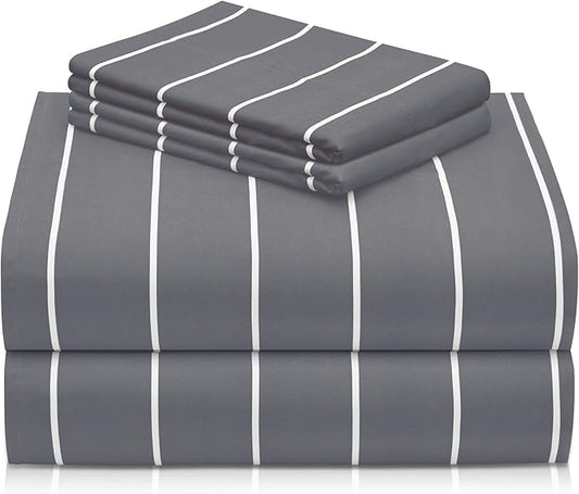 LuxClub 4 PC Cal King Size Sheet Set, Breathable Luxury Bed Sheets, Deep Pockets 18" Wrinkle Free Cooling Machine Washable Hotel Bedding (Striped Light Grey)