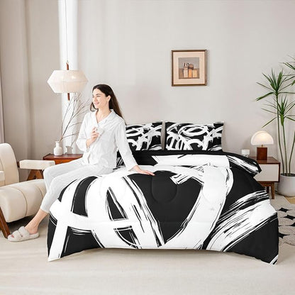 Erosebridal White Black Abstract 7 Piece Comforter Set Queen Geometric Simple Sketch Bedding Set Modern Graffiti Minimalist Line Comforter Cool Unique Fashion Sheet Set Contemporary Room Decor
