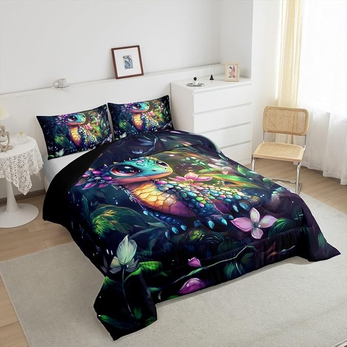 Feelyou Dragon Comforter Set Queen Size Dragon Stuff Comforter for Boys Girls Teens Wild Life Bedding Set Flower and Grass Duvet Set Room Decor Balck Green Quilt Set