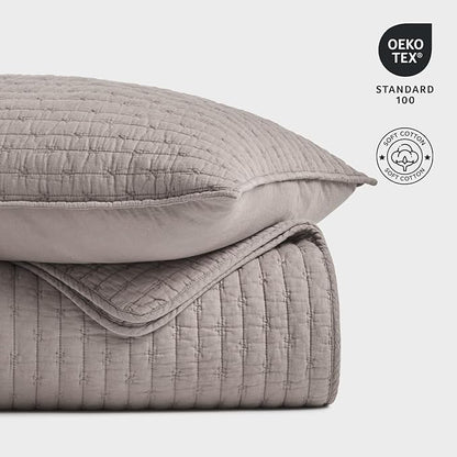 EVERGRACE Cross Stitch Pre-Washed Cotton Quilt Bedding Set Queen Size, Oversized 3 Pieces Lightweight Bedspread Coverlet for All Season, with 2 Matching Shams, Taupe, 92"x96"