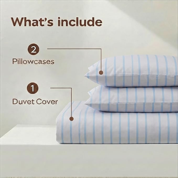Bedbay Cotton Striped Duvet Cover Set King Size, Grey Blue Striped Bedding, 100% Cotton Sateen, Silky Soft Modern Minimalist 3 Piece Bedding Set for All Seasons