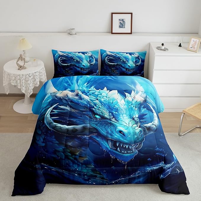 Vivid Dragon Comforter Set Queen Size,Gothic Nature Animal Bedding Set for Kids Boys Teens Men Room Decor,Western Magical Dragon Duvet Insert 3Pcs,Boho Exotic Wildlife Soft Quilt Set,2 Pillowcases