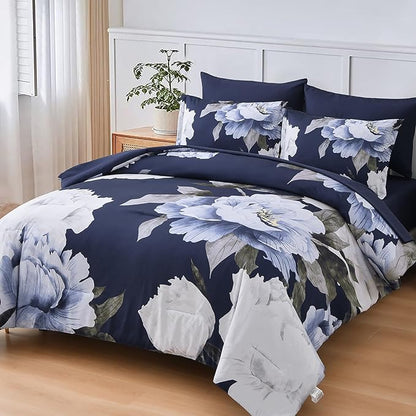Dobuyly Navy Blue King Size Comforter Set 7 Piece Bed in a Bag, Floral Comforter Set with Sheets, Soft Microfiber Botanical Flowers Complete Bedding Set for All Season