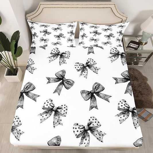 Erosebridal Bow Sheets for Boys Girls Ribbon Black Bow Fitted Sheet,Coquette Bowknot with Dots Kids Bedding Sets Dreamy Princess Bowtie Bed Sets Twin 2 Piece