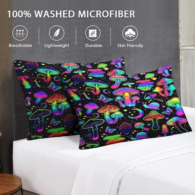 King Size Comforter Set with 2 Pillowcases, Summer Halloween Mushroom Neon Soft 3 Pcs Bedding for Kids and Adults Bedroom Bed Decor