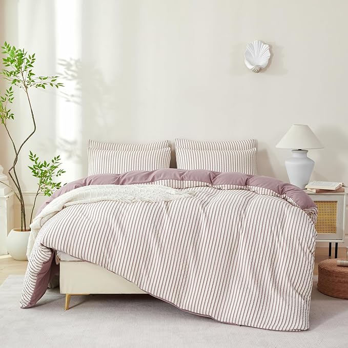 Comforter Set Queen Size Soft Luxury Washed Microfiber Jacquard 3 Pieces Bedding, White Grayish Purple Vertical Ticking Stripes Pattern Comforter with 2 Pillowcases Breathable Durable Comfy