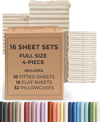 Bulk Case Pack of 16 Sheet Sets - (16) Complete Sheet Sets - Bulk Full Bedding - Wholesale Case Pack for Hotels, Spa & Airbnbs - Deep Pocket, Fade & Wrinkle Free - Cooling & Breathable - Full, Cream